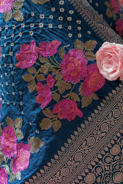 Chiniya Embroidered Royal Blue Bandhej Saree