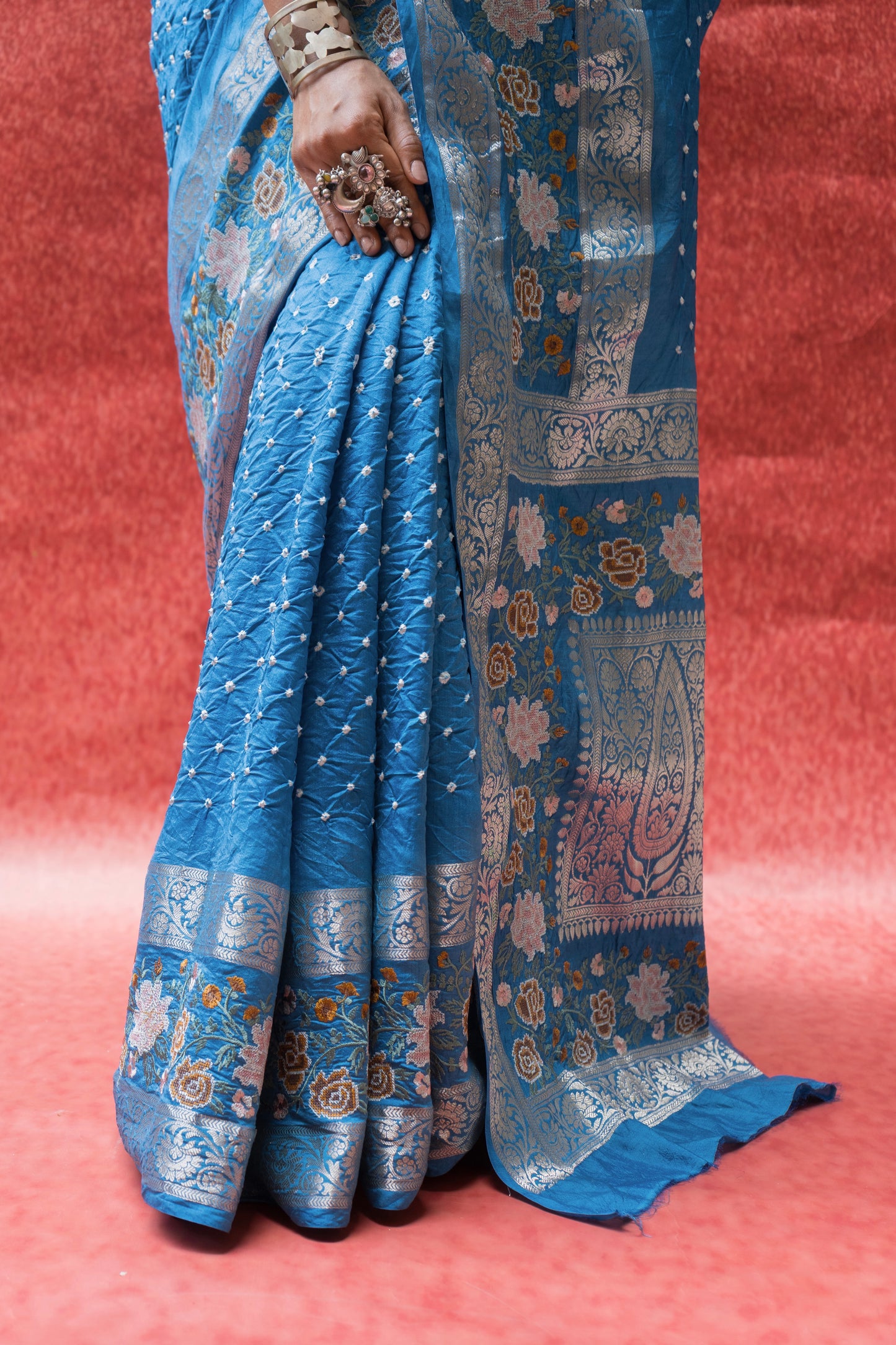Chiniya Embroidered Double Border Blue Bandhej Saree