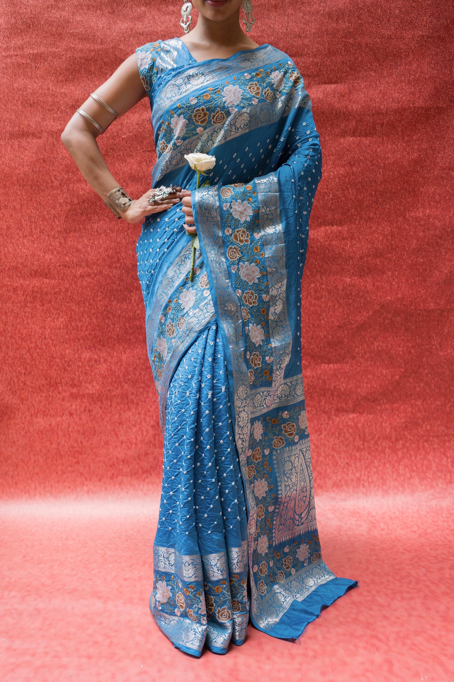 Chiniya Embroidered Double Border Blue Bandhej Saree