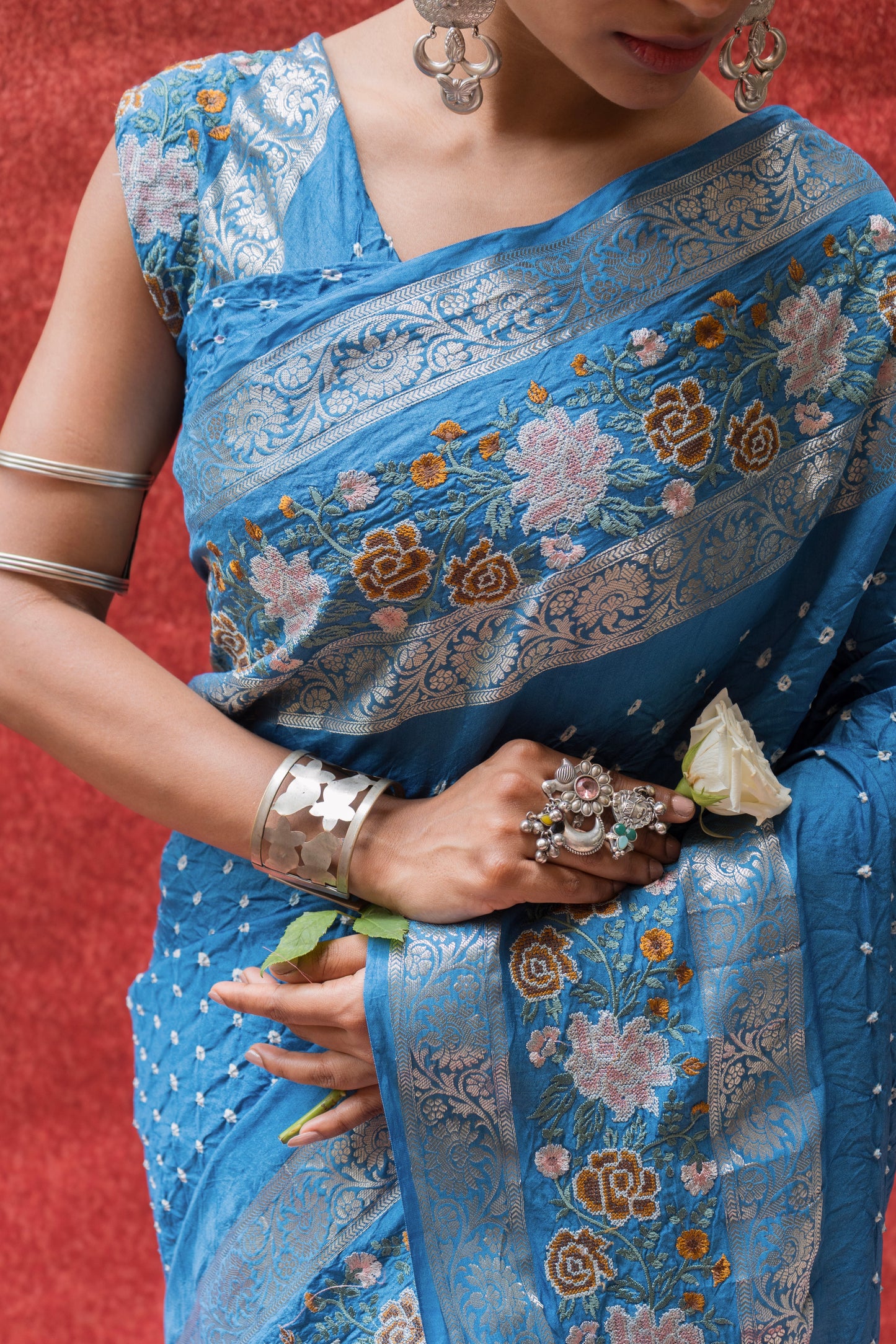 Chiniya Embroidered Double Border Blue Bandhej Saree