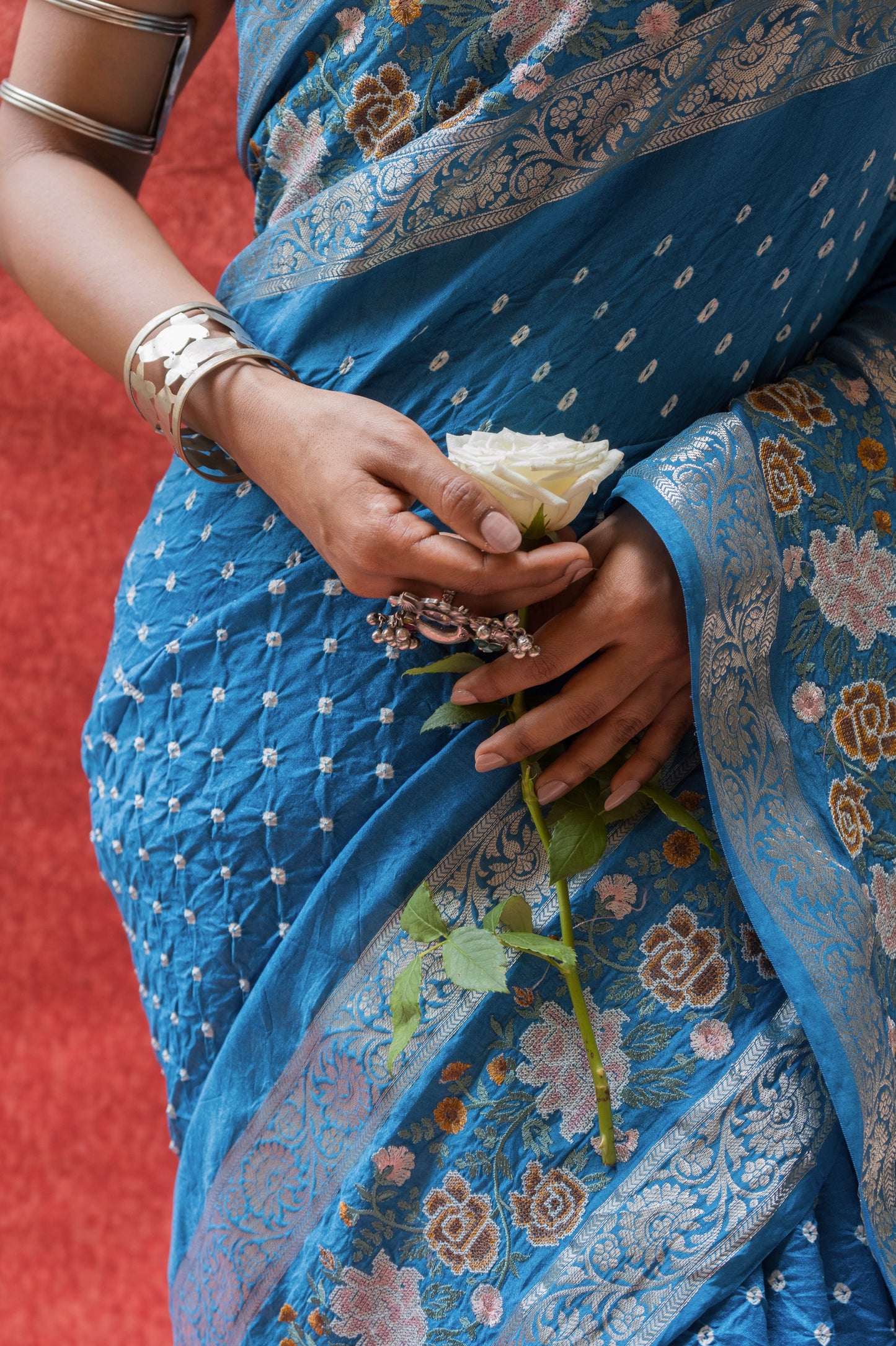 Chiniya Embroidered Double Border Blue Bandhej Saree