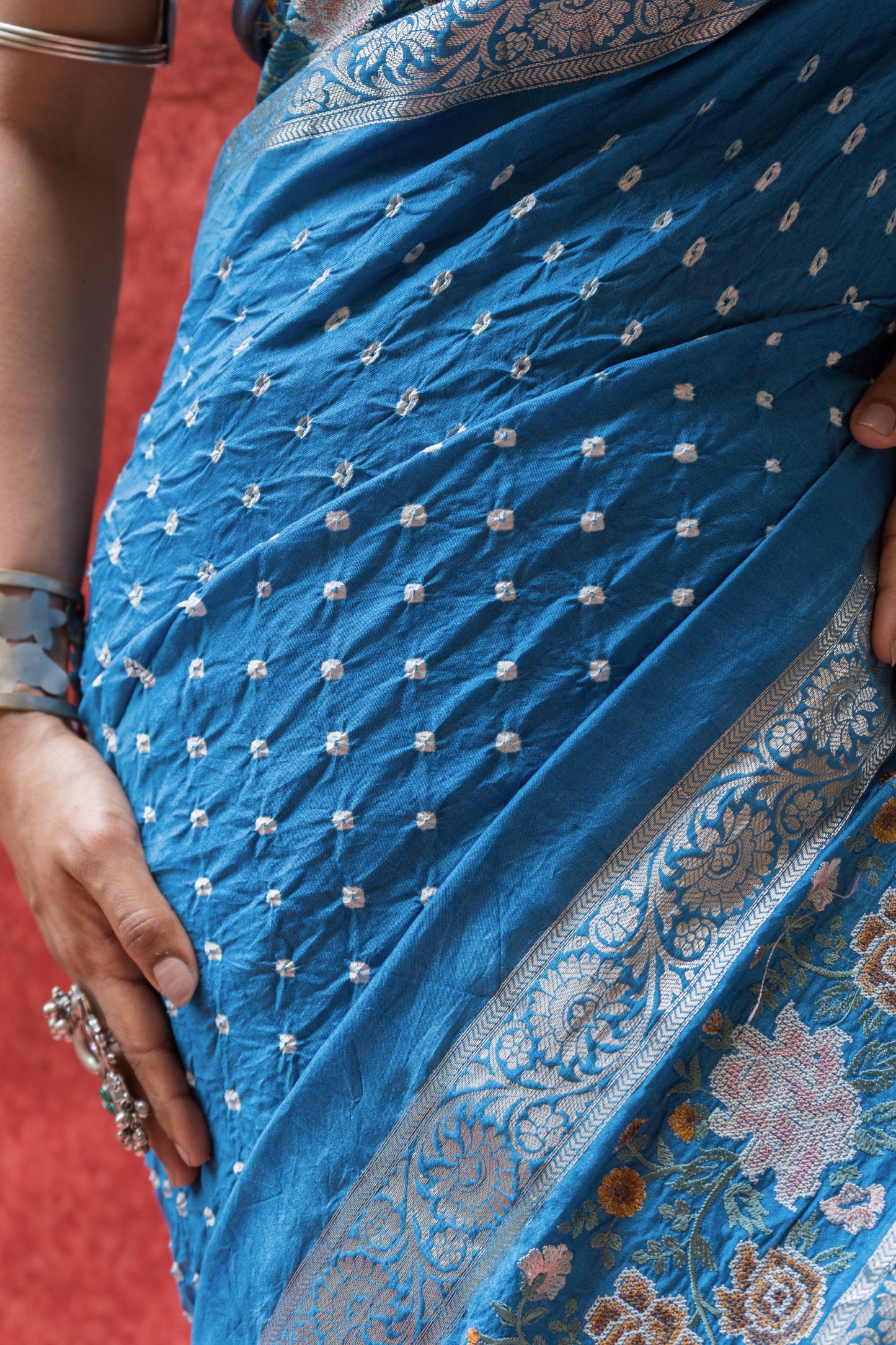 Chiniya Embroidered Double Border Blue Bandhej Saree