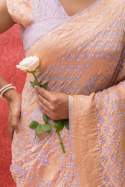 Georgette Neemzari Stripes Jaal Bandhej Powder Pink Saree