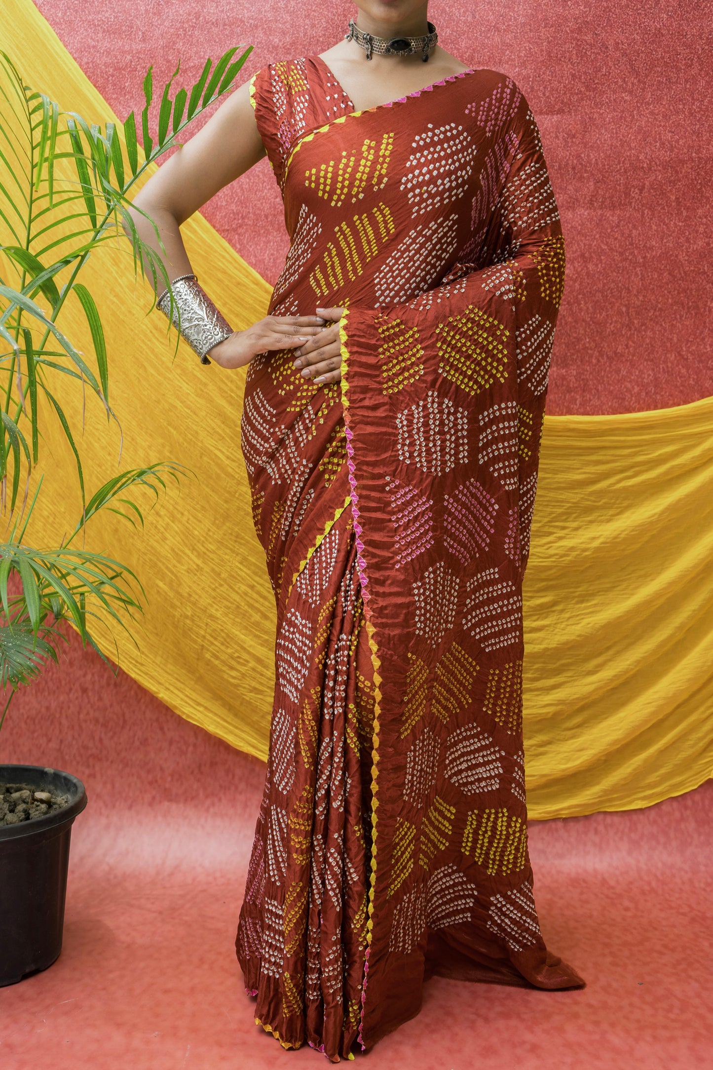 Gajji Rai Dana Brown Bandhej Saree