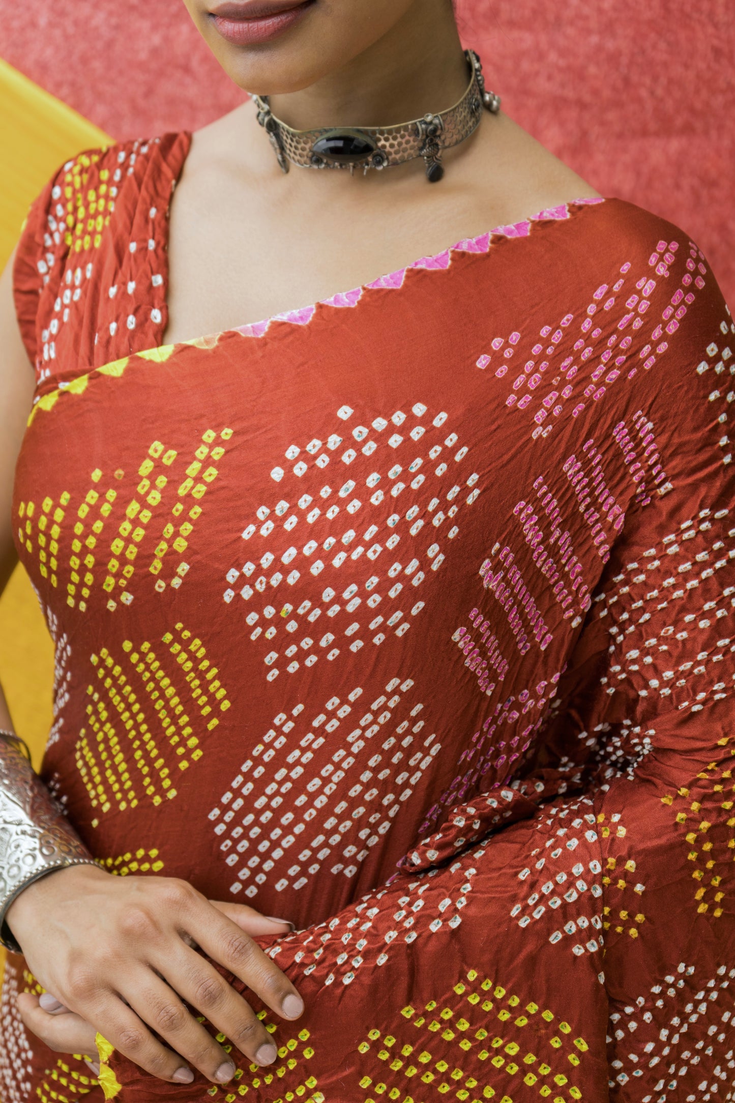 Gajji Rai Dana Brown Bandhej Saree