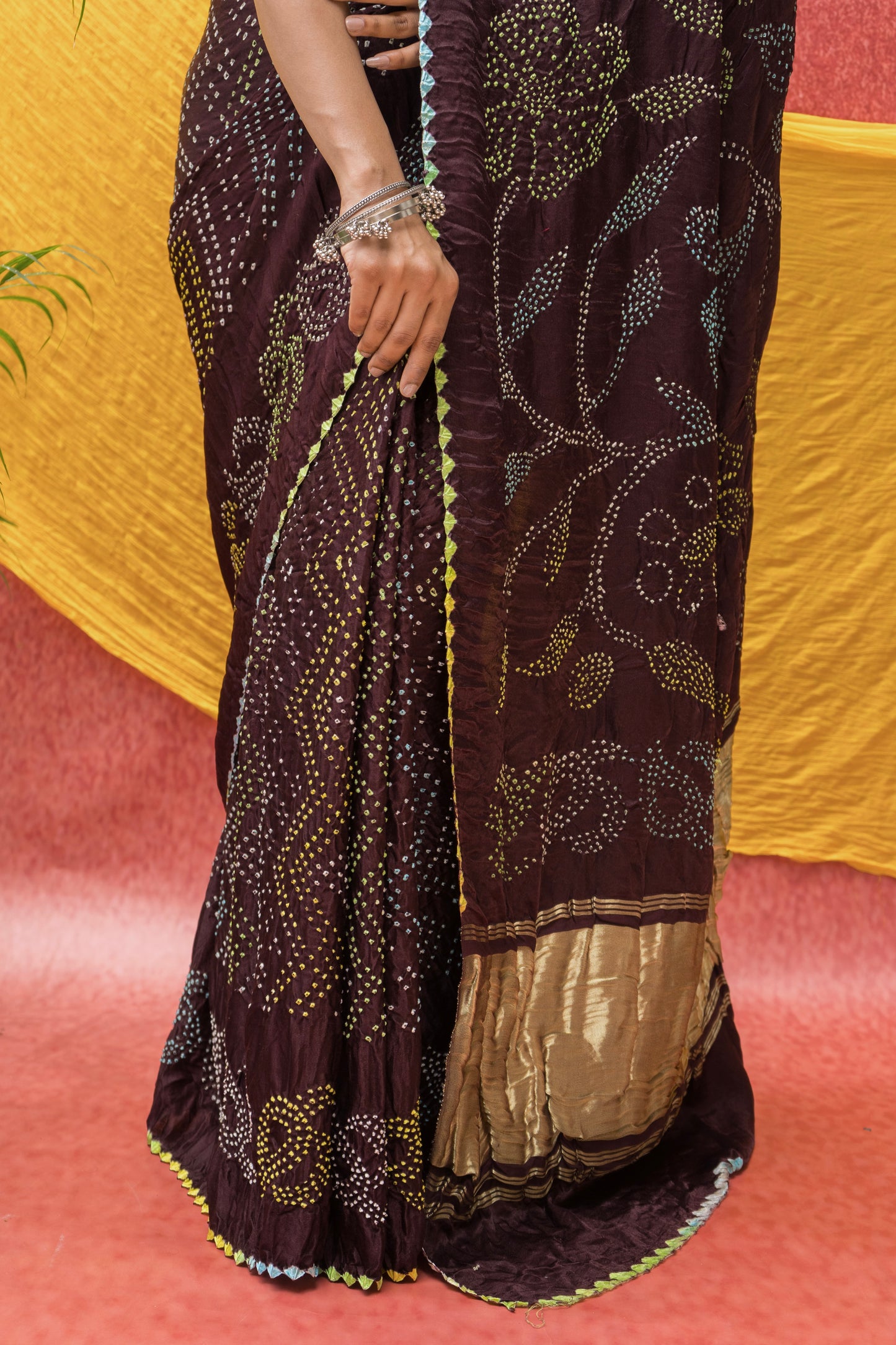 Gajji Rai Dana Chocolate Brown Bandhej Saree