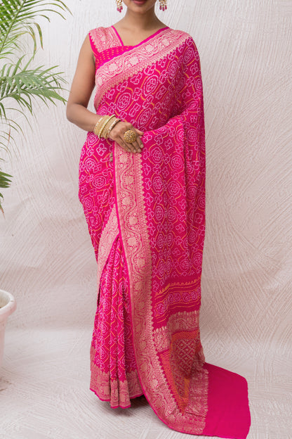 Georgette Rai Dana Magenta Bandhej Saree