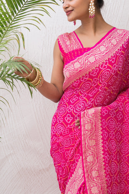 Georgette Rai Dana Magenta Bandhej Saree