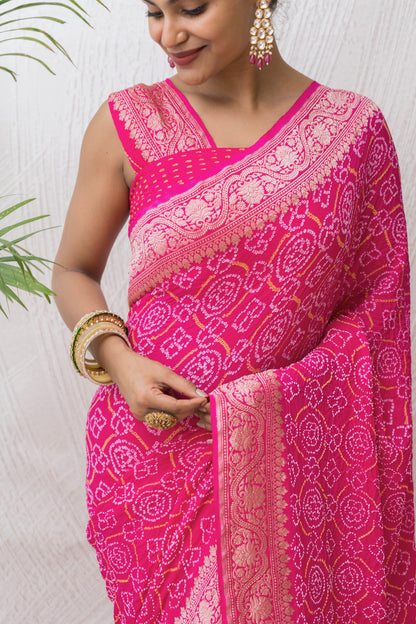 Georgette Rai Dana Magenta Bandhej Saree
