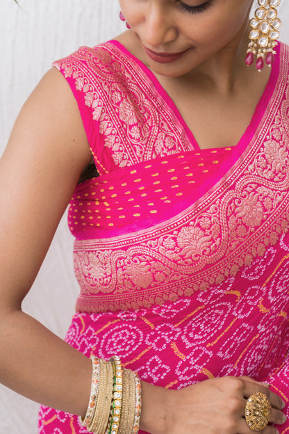 Georgette Rai Dana Magenta Bandhej Saree