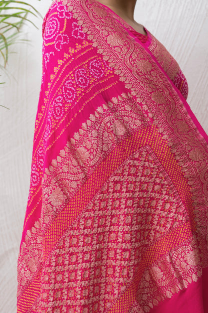 Georgette Rai Dana Magenta Bandhej Saree
