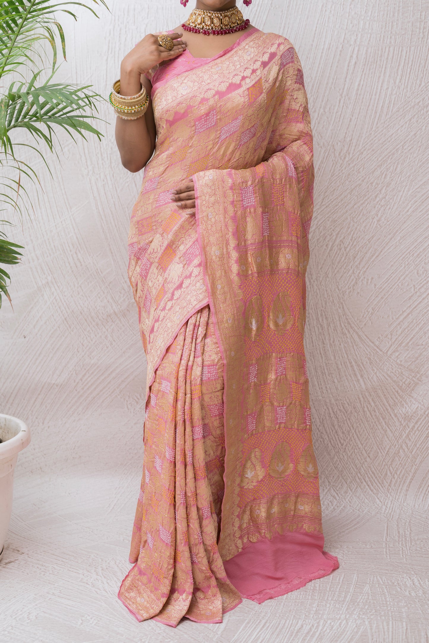 Banarasi Bandhej Baluchari Gharchola Onion Pink Saree