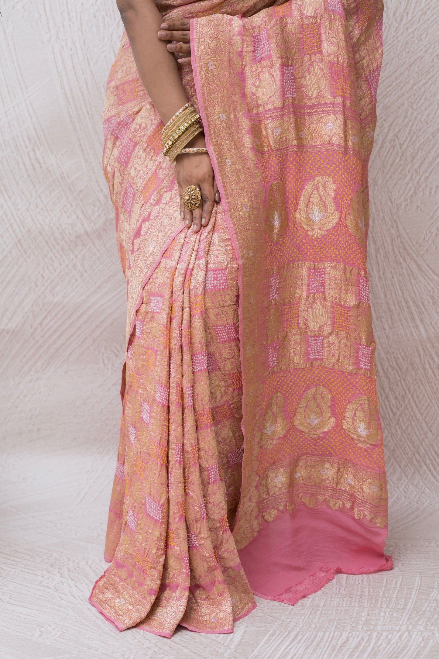 Banarasi Bandhej Baluchari Gharchola Onion Pink Saree