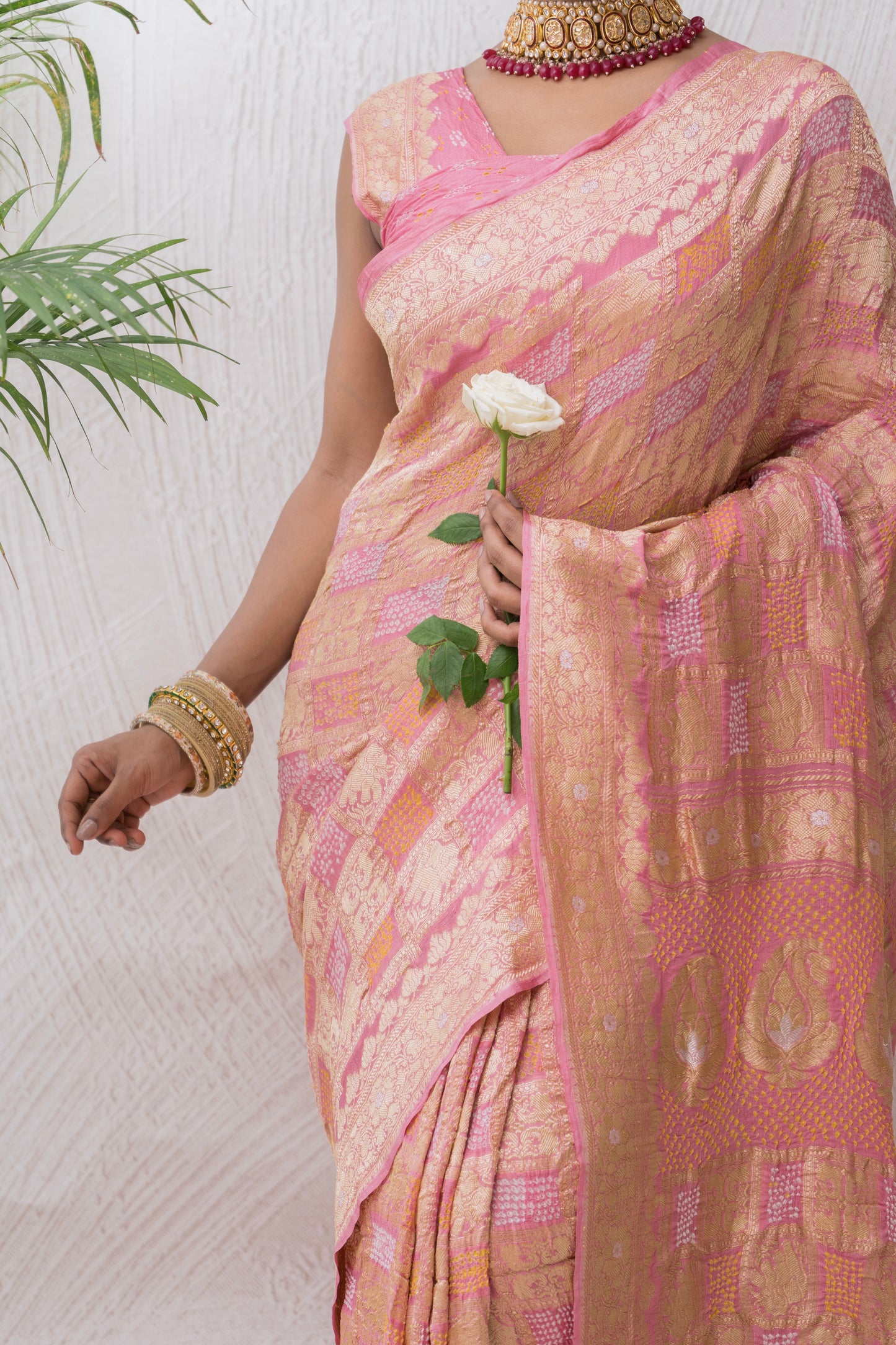 Banarasi Bandhej Baluchari Gharchola Onion Pink Saree