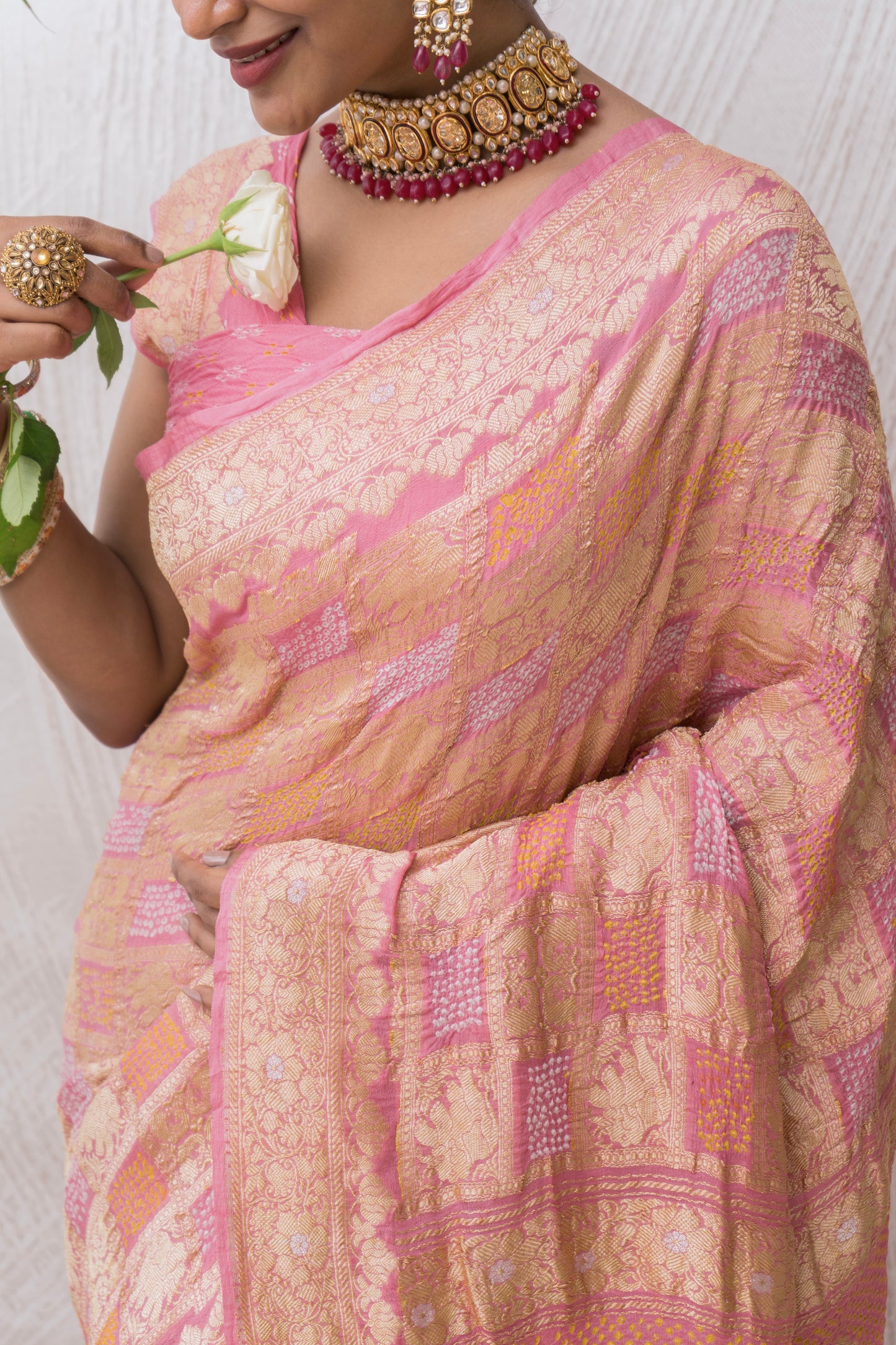 Banarasi Bandhej Baluchari Gharchola Onion Pink Saree