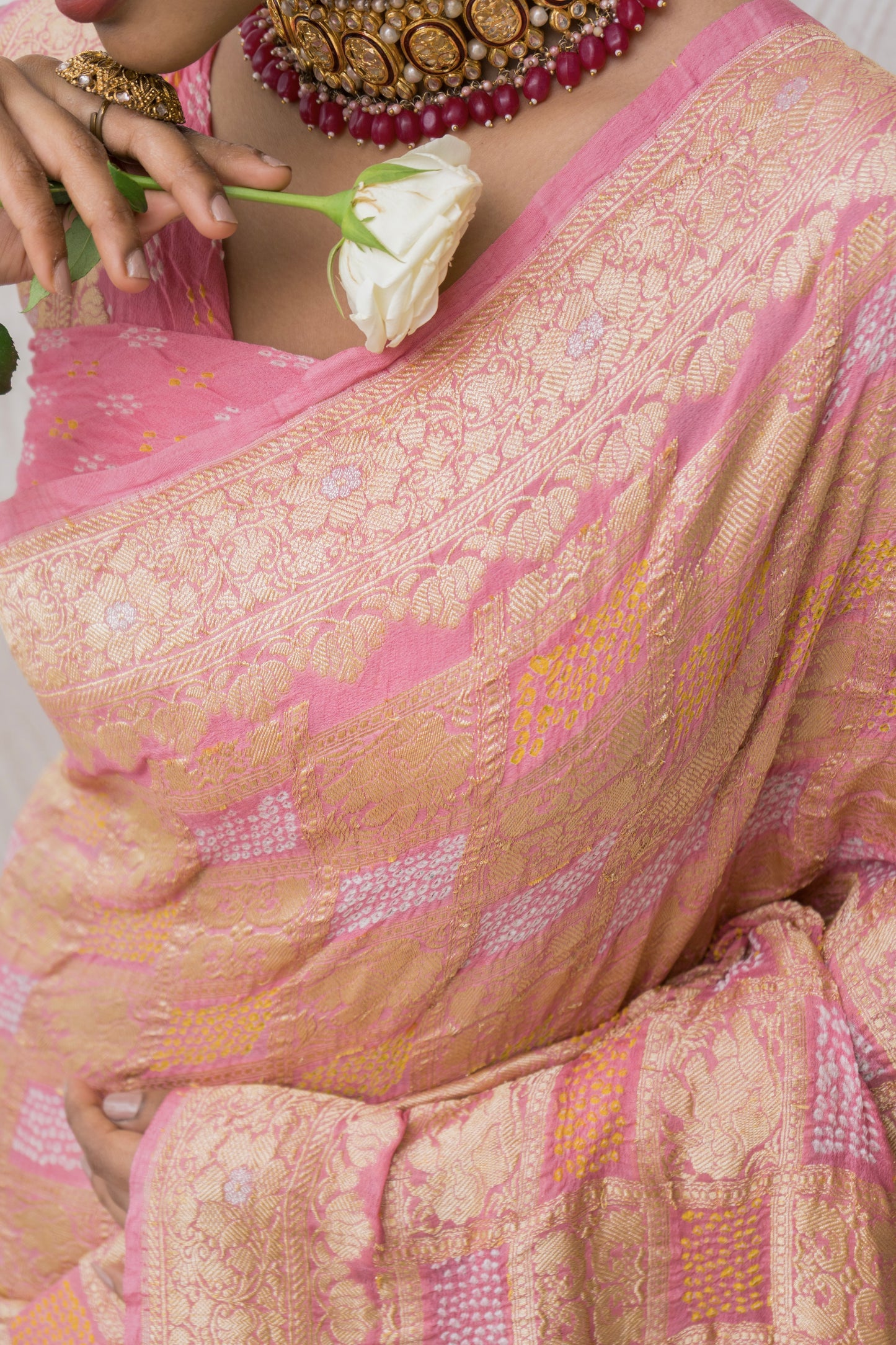 Banarasi Bandhej Baluchari Gharchola Onion Pink Saree