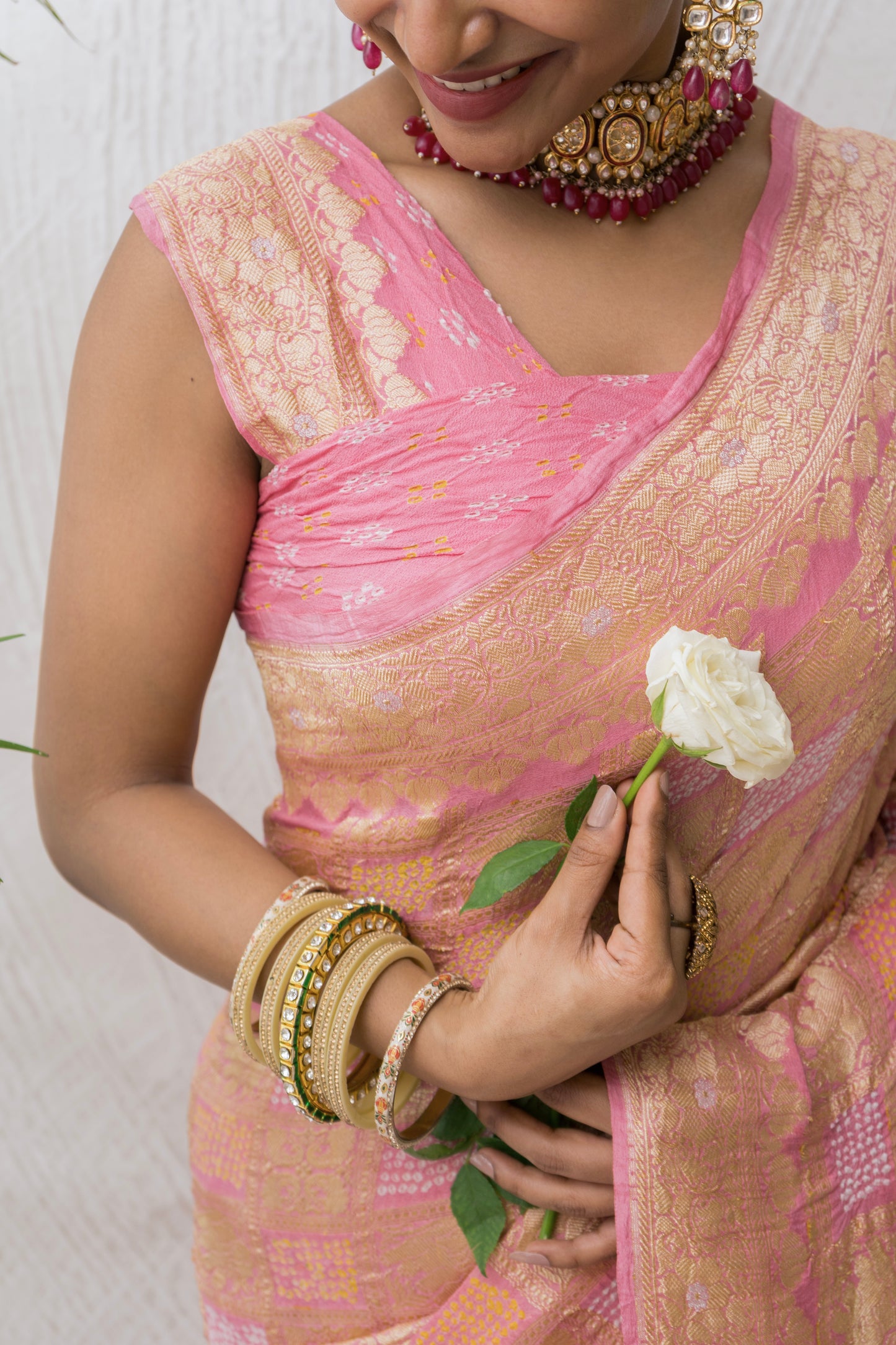 Banarasi Bandhej Baluchari Gharchola Onion Pink Saree