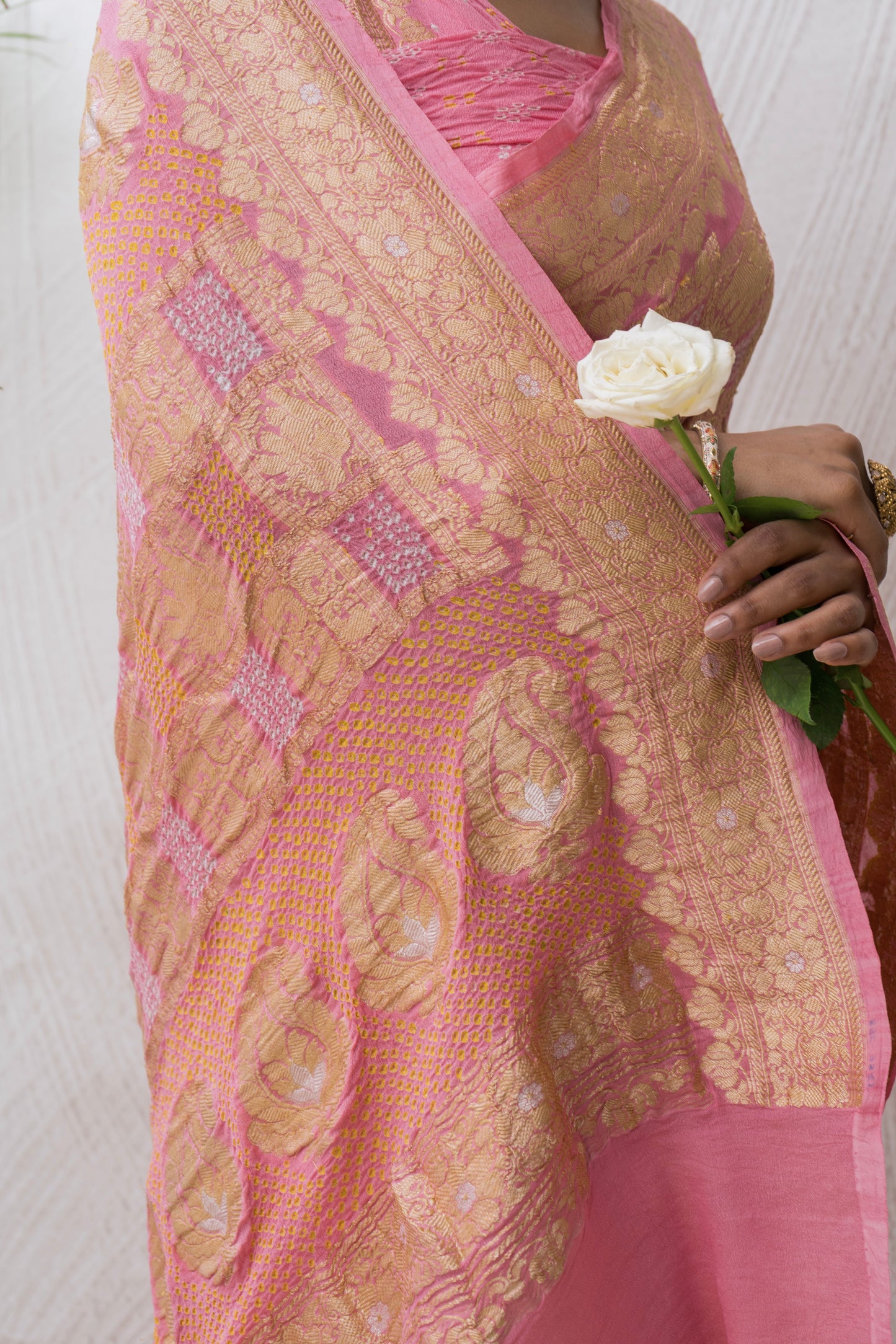 Banarasi Bandhej Baluchari Gharchola Onion Pink Saree