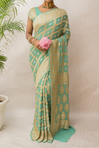 Georgette Sona Rupa Checks Sea Green Bandhej Saree
