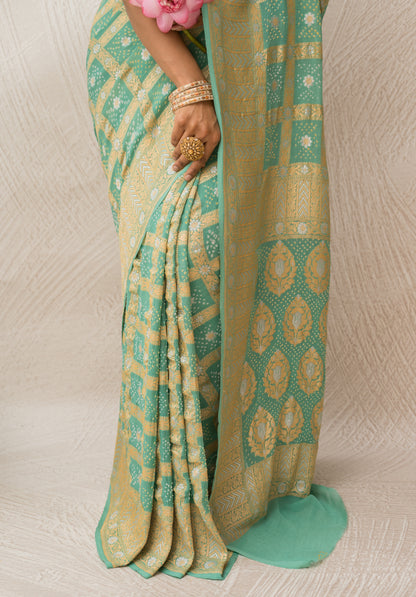Georgette Sona Rupa Checks Sea Green Bandhej Saree