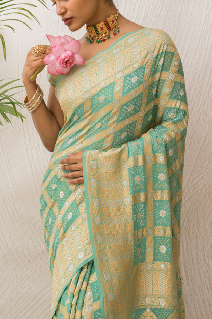 Georgette Sona Rupa Checks Sea Green Bandhej Saree