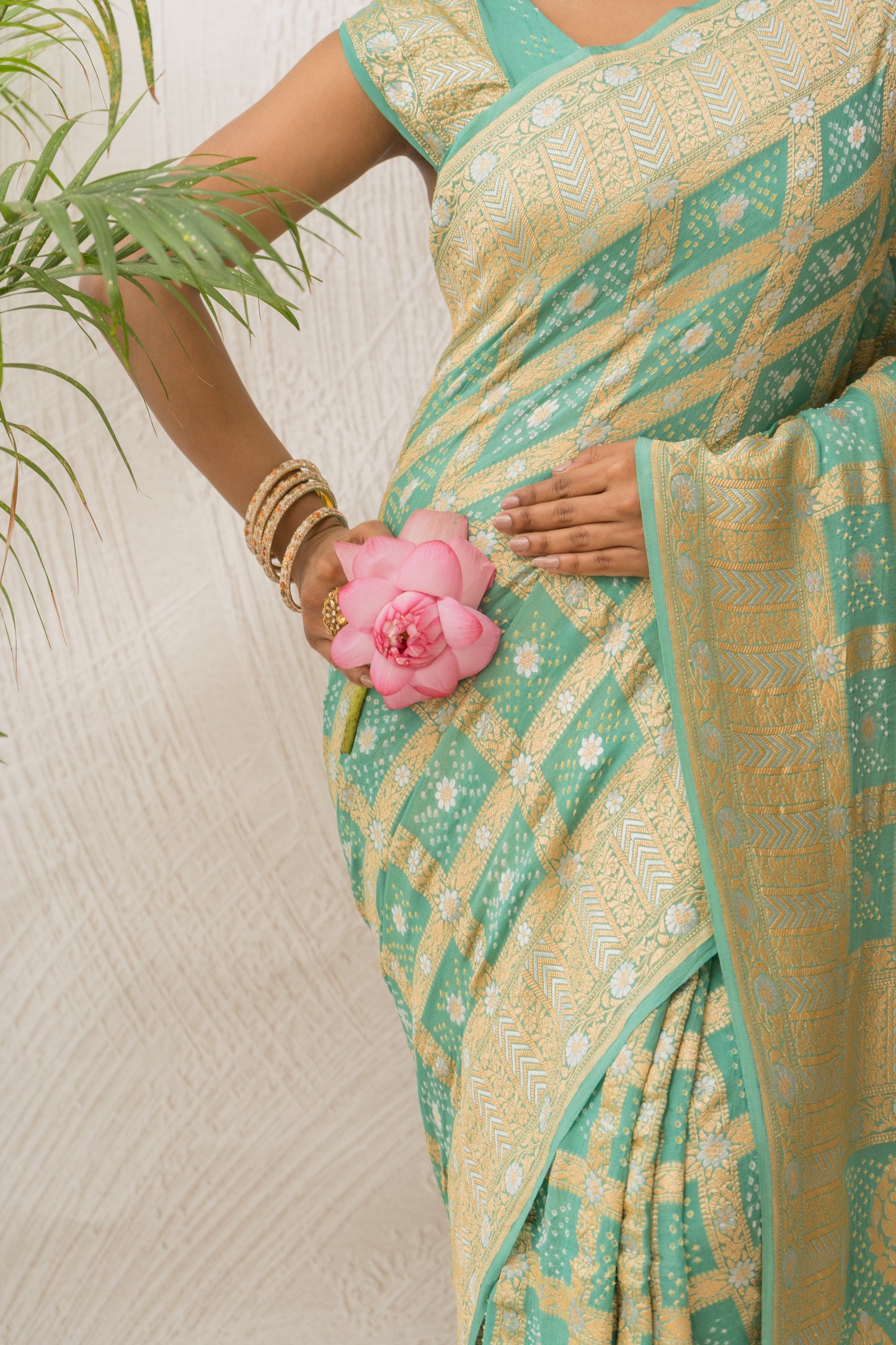 Georgette Sona Rupa Checks Sea Green Bandhej Saree
