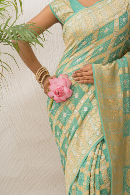 Georgette Sona Rupa Checks Sea Green Bandhej Saree