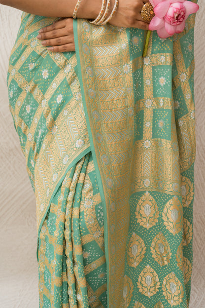Georgette Sona Rupa Checks Sea Green Bandhej Saree