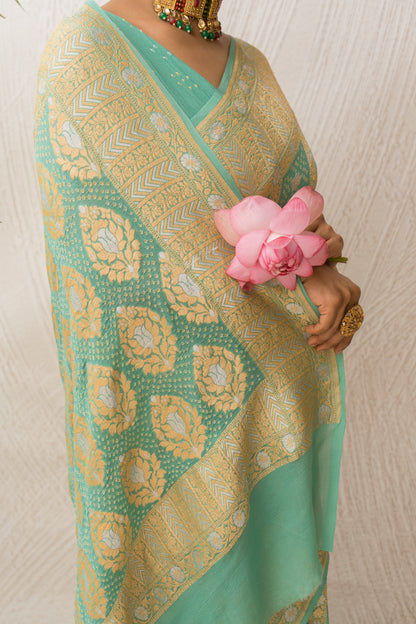 Georgette Sona Rupa Checks Sea Green Bandhej Saree