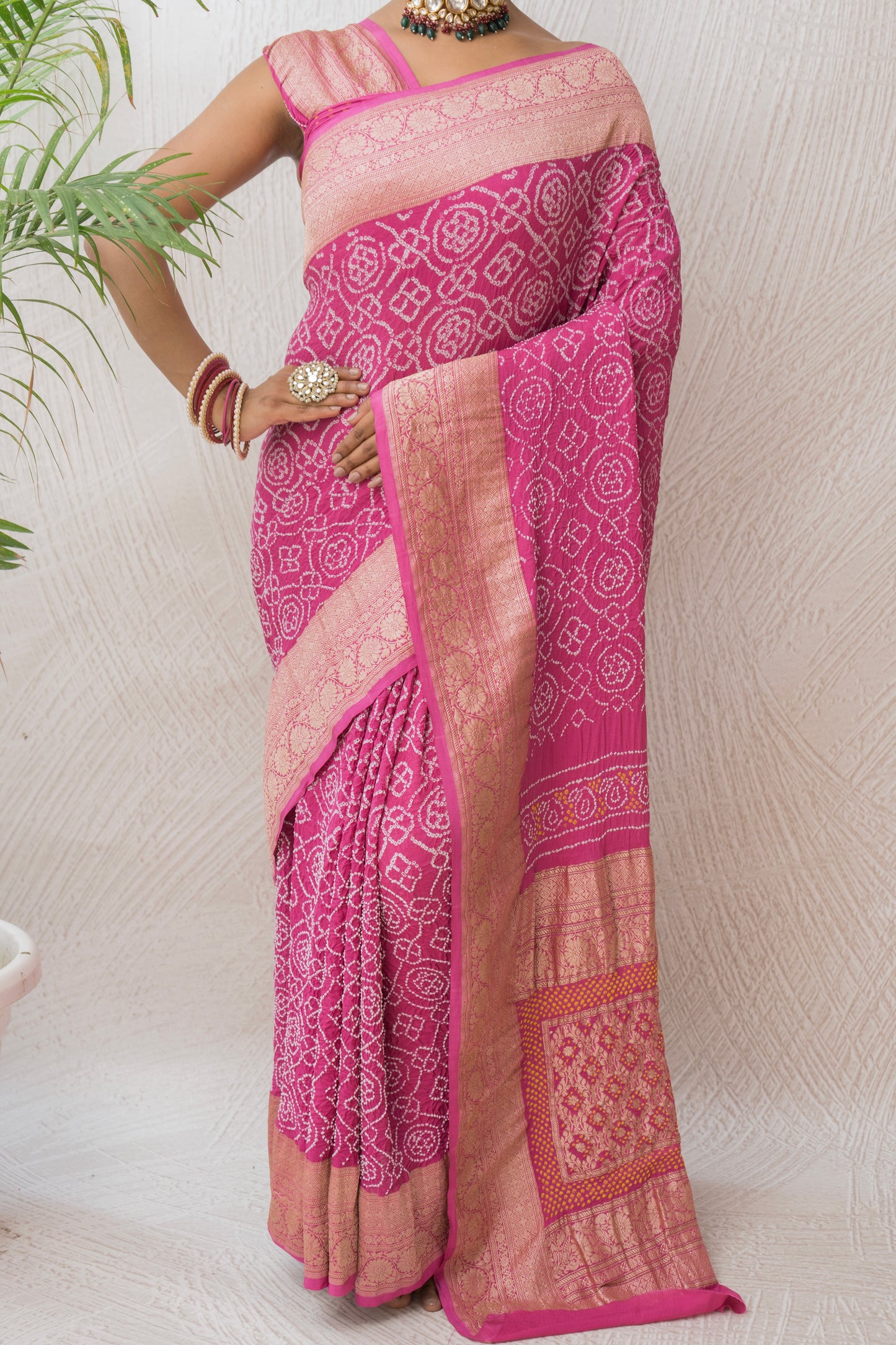 Georgette Rai Dana Onion Pink Bandhej Saree