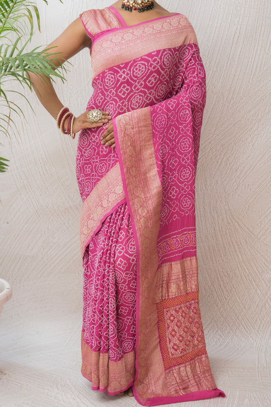 Georgette Rai Dana Onion Pink Bandhej Saree