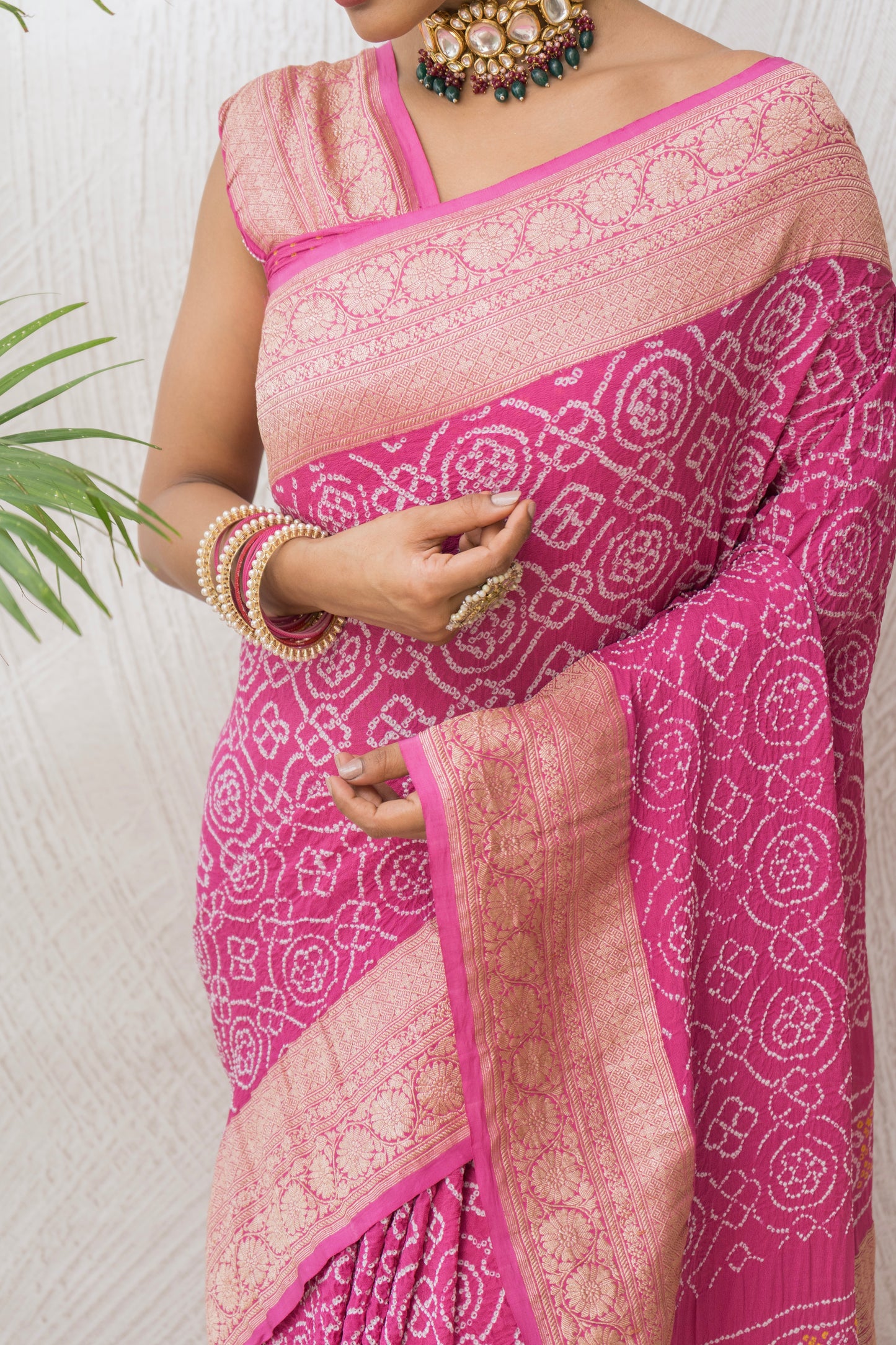 Georgette Rai Dana Onion Pink Bandhej Saree
