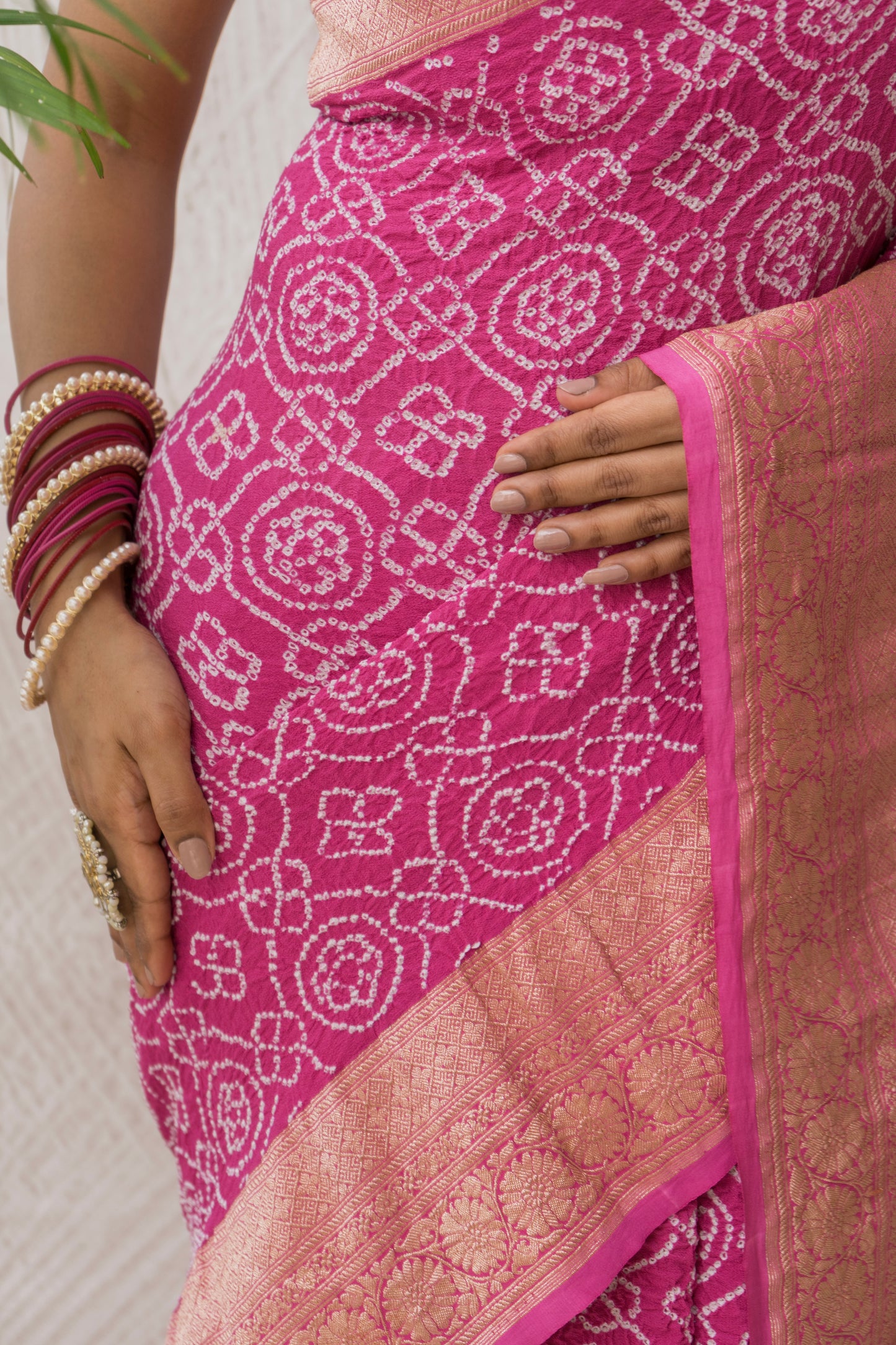 Georgette Rai Dana Onion Pink Bandhej Saree