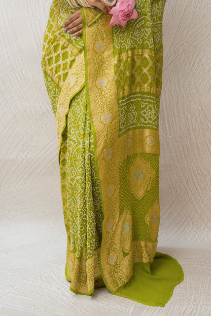 Georgette Rai Dana Green Kadhua Border Bandhej Saree