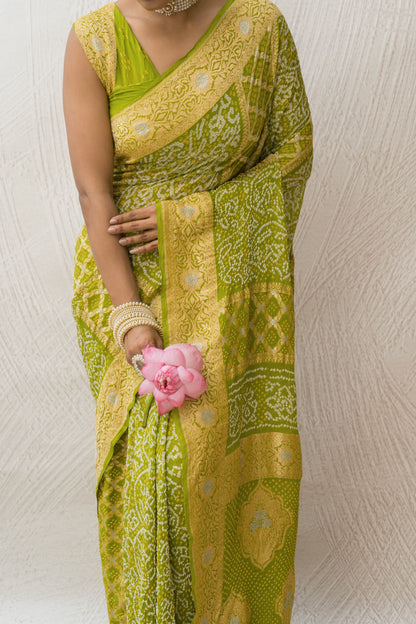 Georgette Rai Dana Green Kadhua Border Bandhej Saree