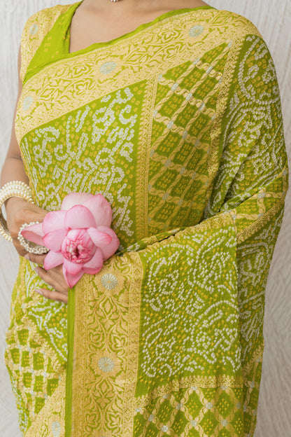 Georgette Rai Dana Green Kadhua Border Bandhej Saree
