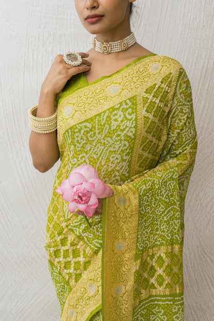 Georgette Rai Dana Green Kadhua Border Bandhej Saree