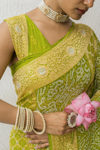 Georgette Rai Dana Green Kadhua Border Bandhej Saree