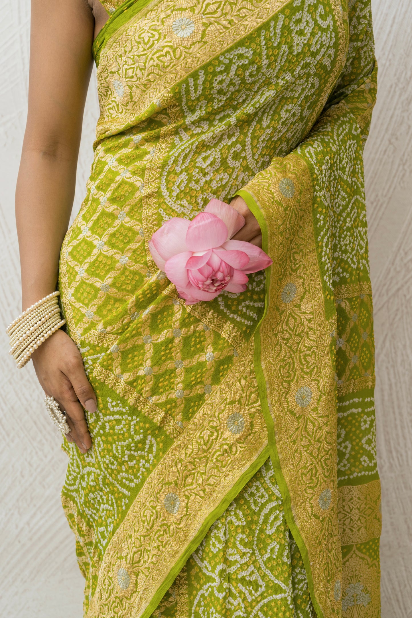 Georgette Rai Dana Green Kadhua Border Bandhej Saree