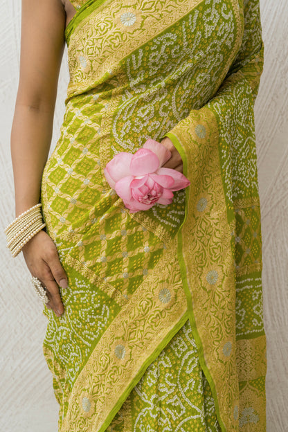Georgette Rai Dana Green Kadhua Border Bandhej Saree