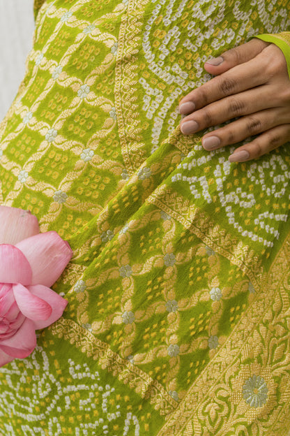 Georgette Rai Dana Green Kadhua Border Bandhej Saree