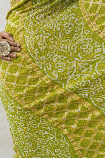 Georgette Rai Dana Green Kadhua Border Bandhej Saree