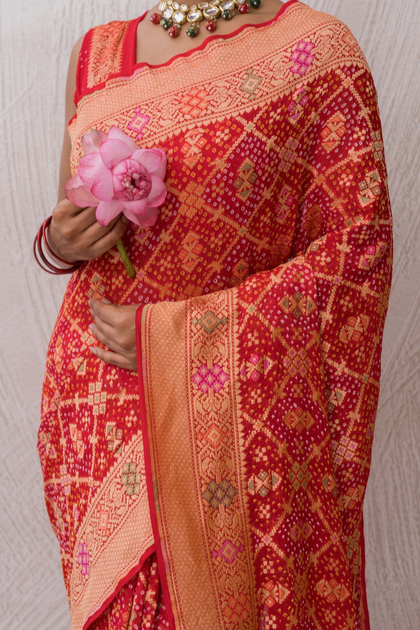 Georgette Patola Meenakari Red Bandhej Saree