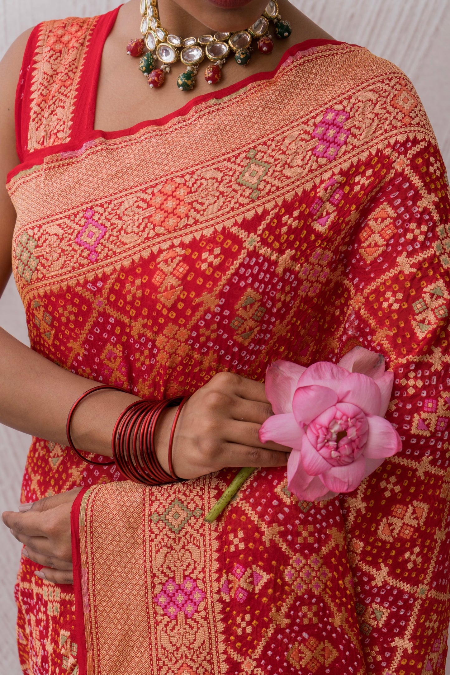 Georgette Patola Meenakari Red Bandhej Saree