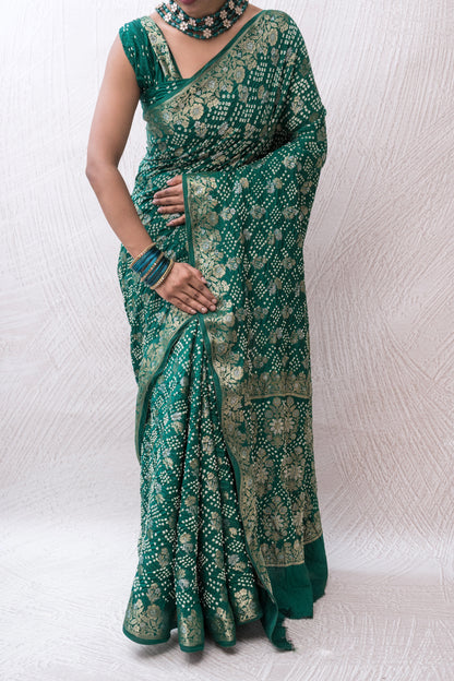 Chiniya Sona Rupa Floral Boota Green Bandhej Saree