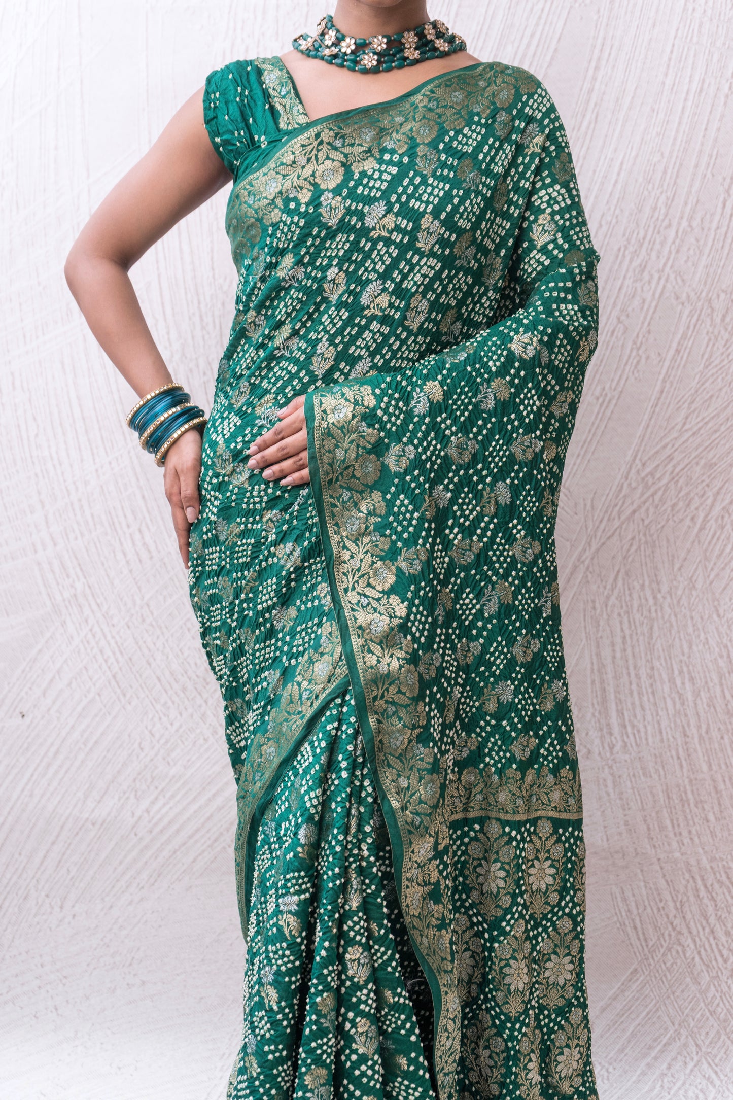 Chiniya Sona Rupa Floral Boota Green Bandhej Saree