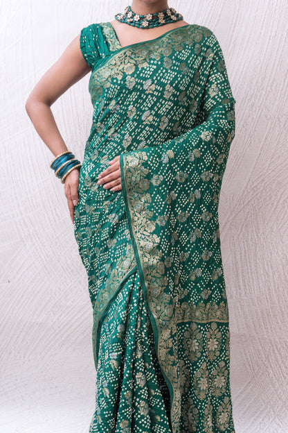 Chiniya Sona Rupa Floral Boota Green Bandhej Saree