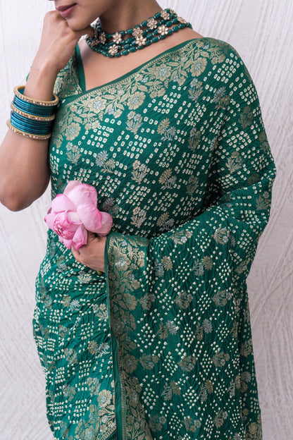 Chiniya Sona Rupa Floral Boota Green Bandhej Saree