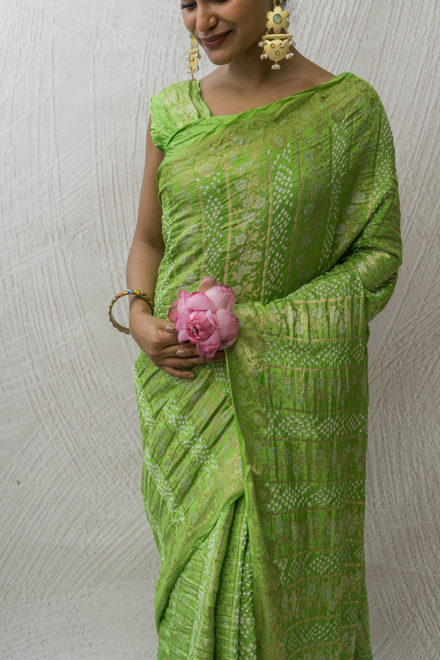 Chiniya Sona Rupa Stripes Bandhej Pastel Green Saree