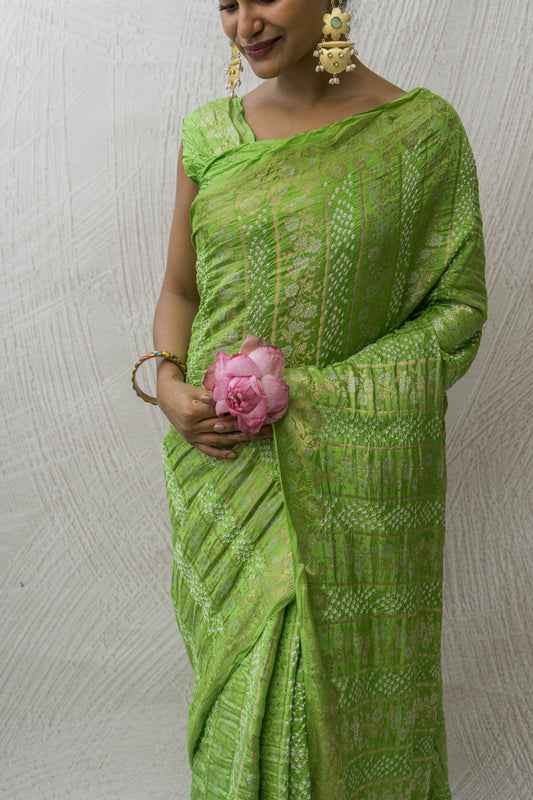 Chiniya Sona Rupa Stripes Bandhej Pastel Green Saree